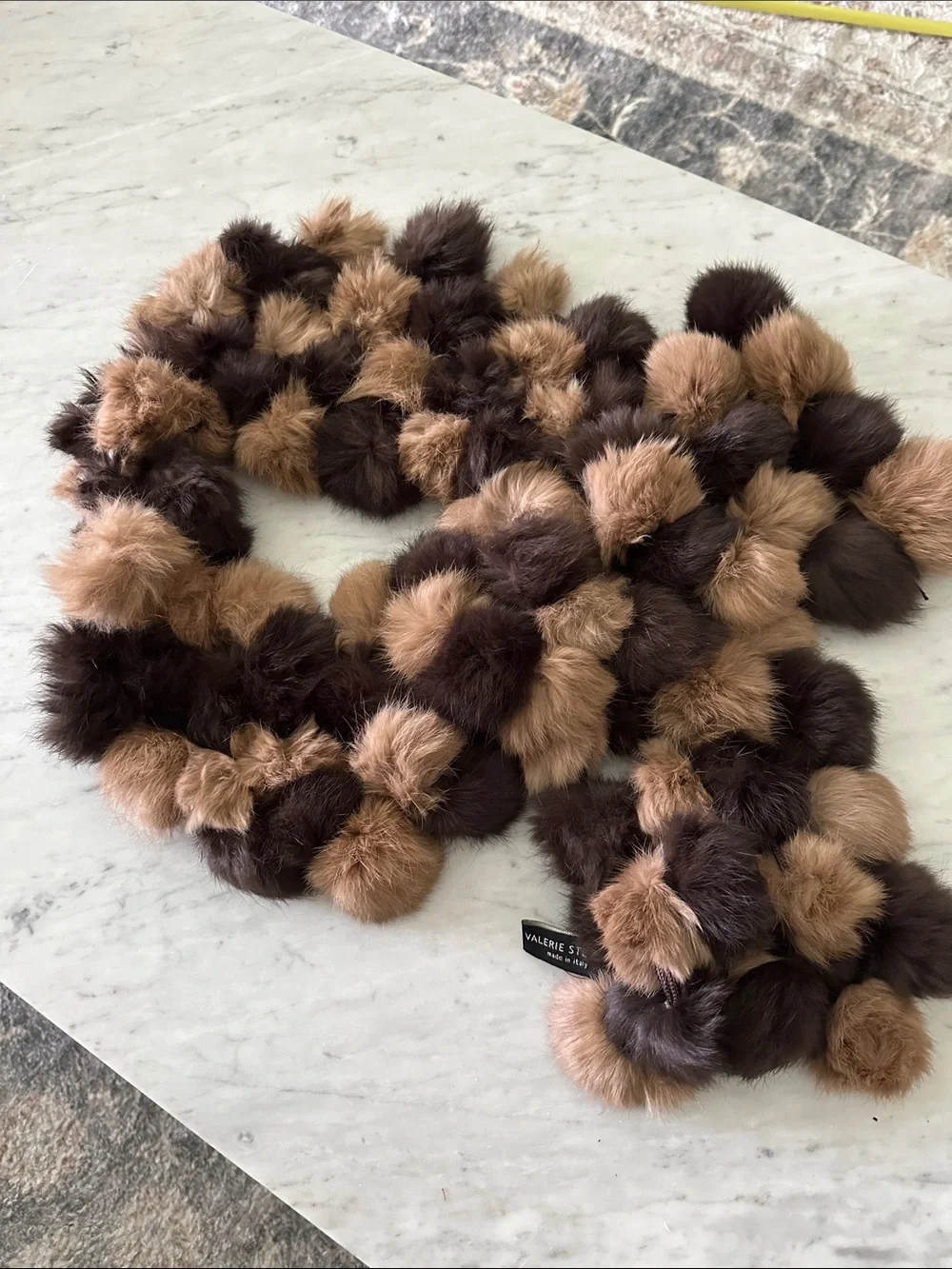Valerie Stevens Rabbit Fur Brown & Tan Pom-Pom Scarf